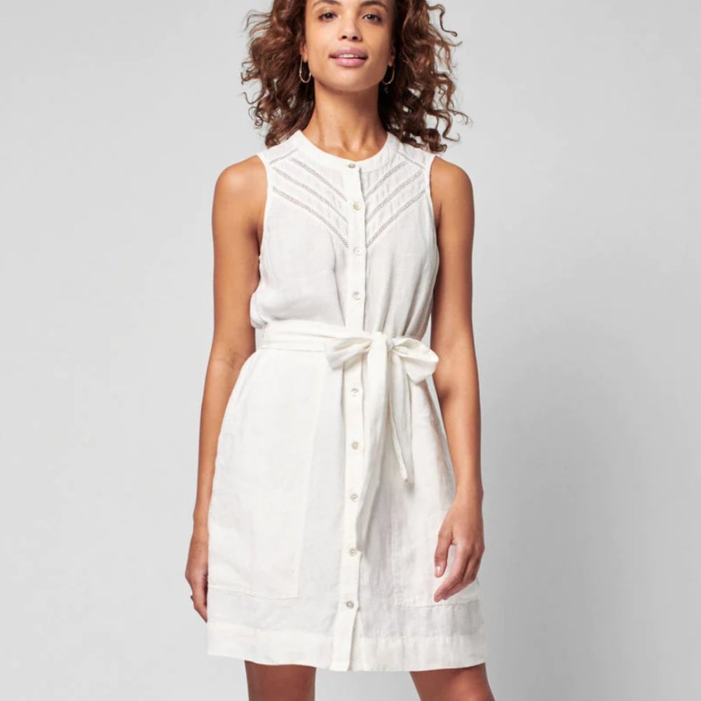 Faherty Bria 100% Linen Button Front Tie Waist Knee Length Dress Womens Small